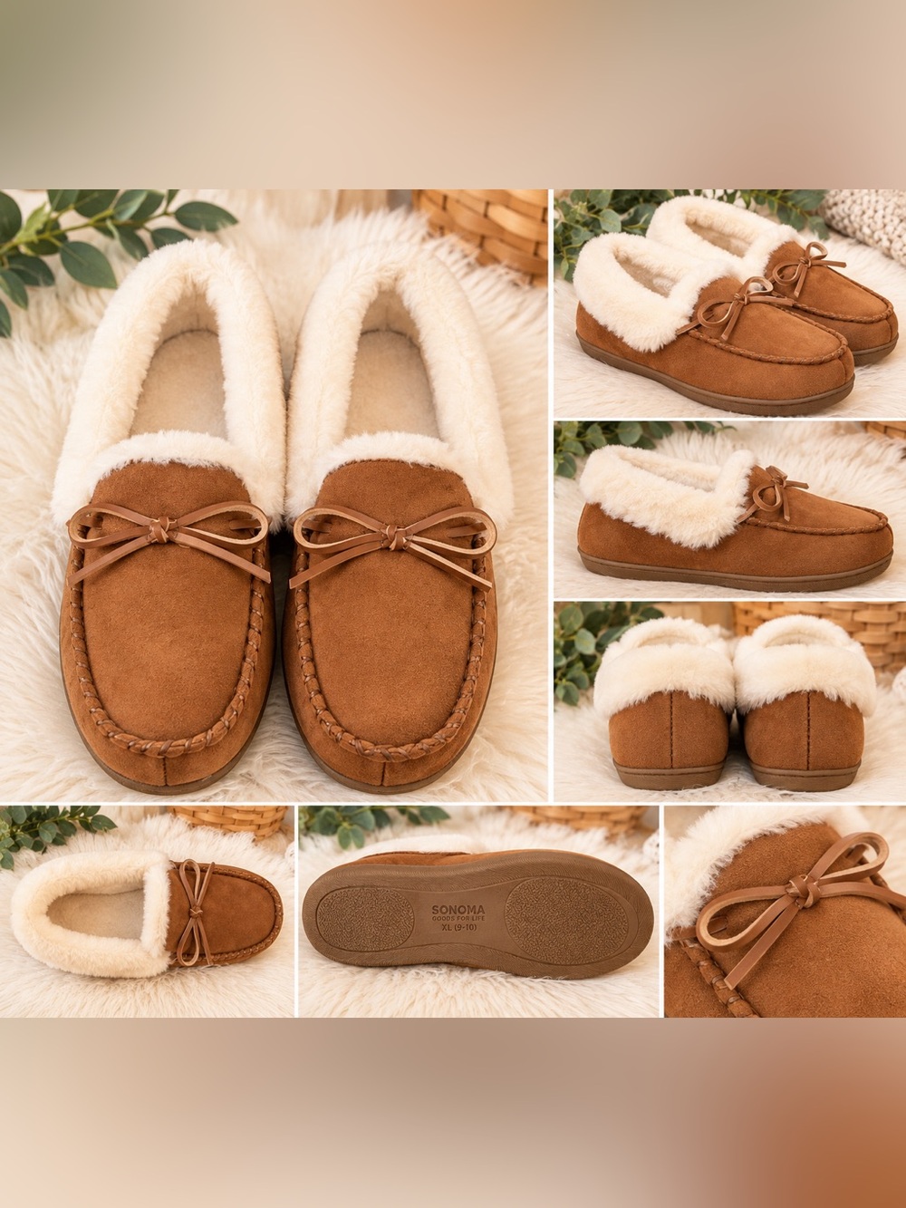 Sonoma Goods For Life SINTIA Chestnut Faux Fur Moccasin Slippers XL 9-10 NWT